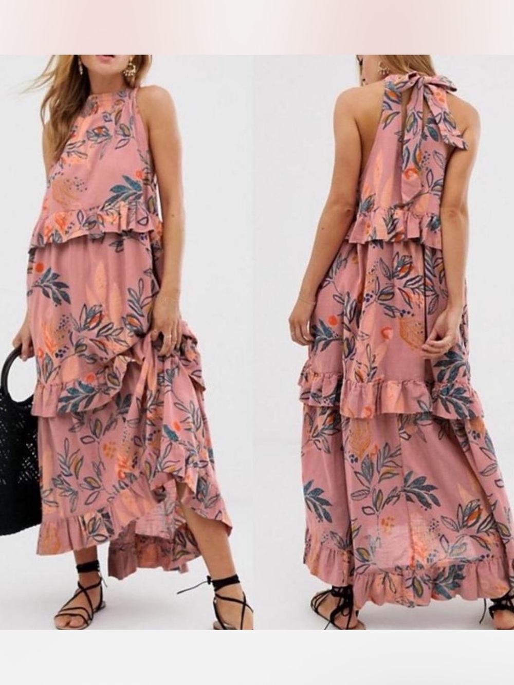 Free People Pink Floral Tiered Flowy Boho Maxi‎ Dress Size Small Wedding Guest